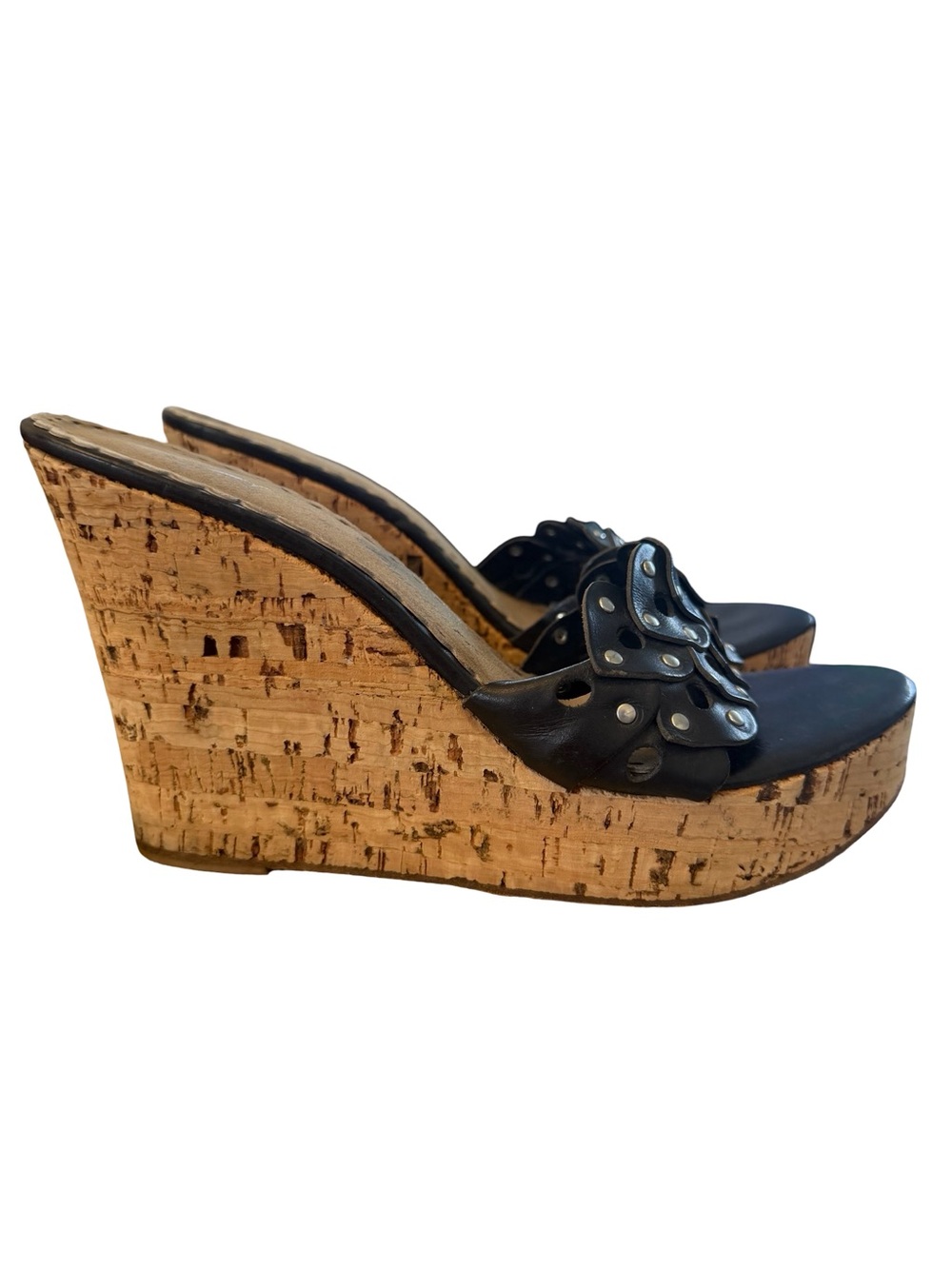 Y2K Juicy Couture Vintage Black Cork Wedge Sandals with Studded Leather Upper